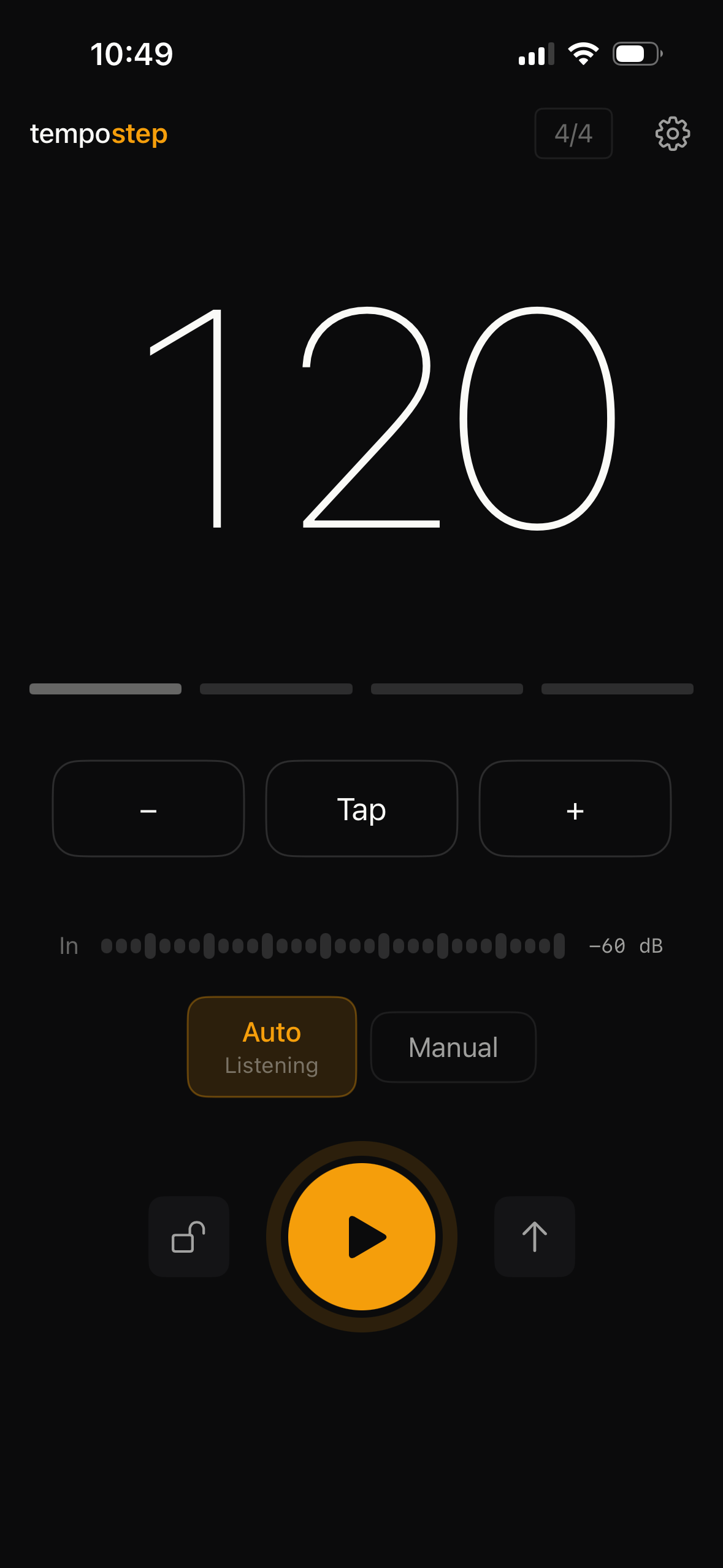 Step Up mode: up arrow icon, ready to play