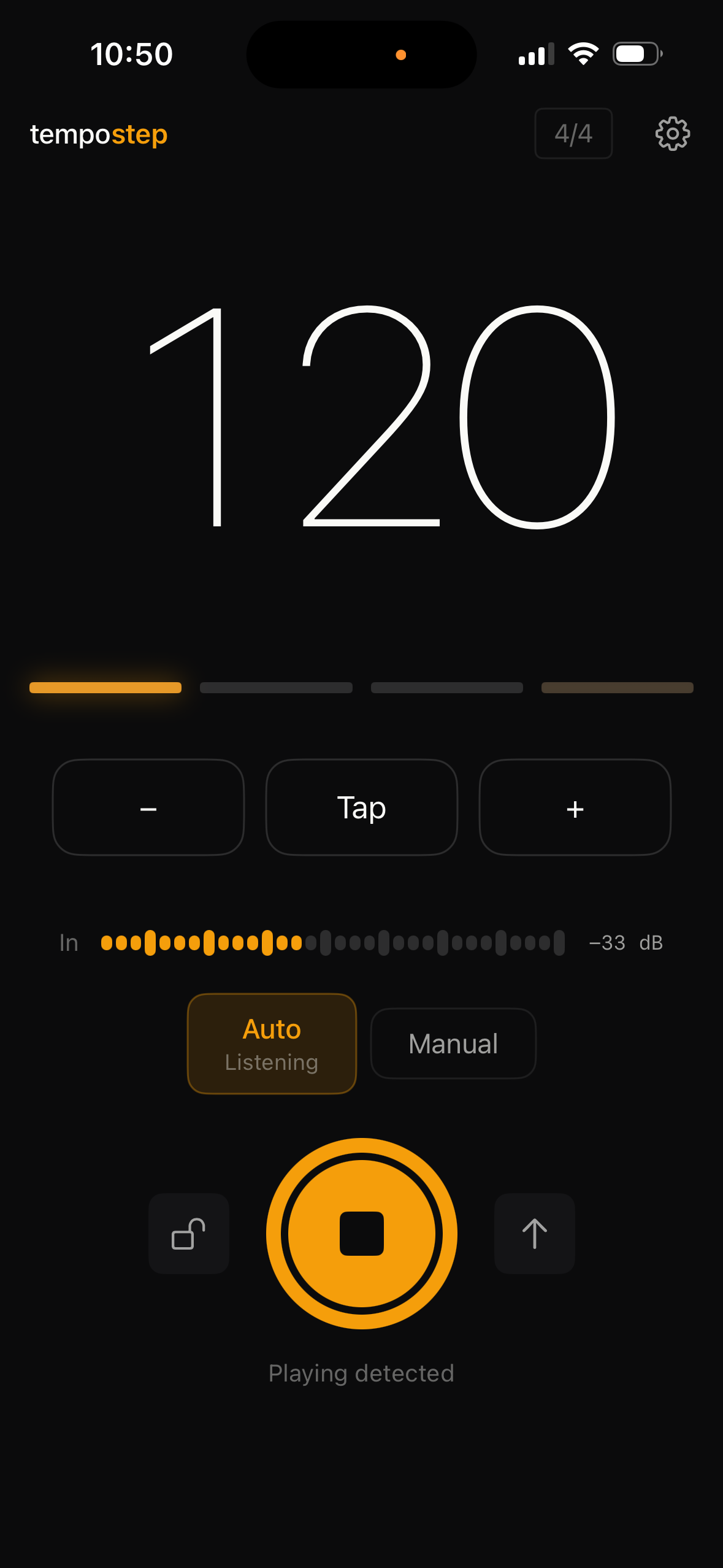 Playing detected: level meter lit amber