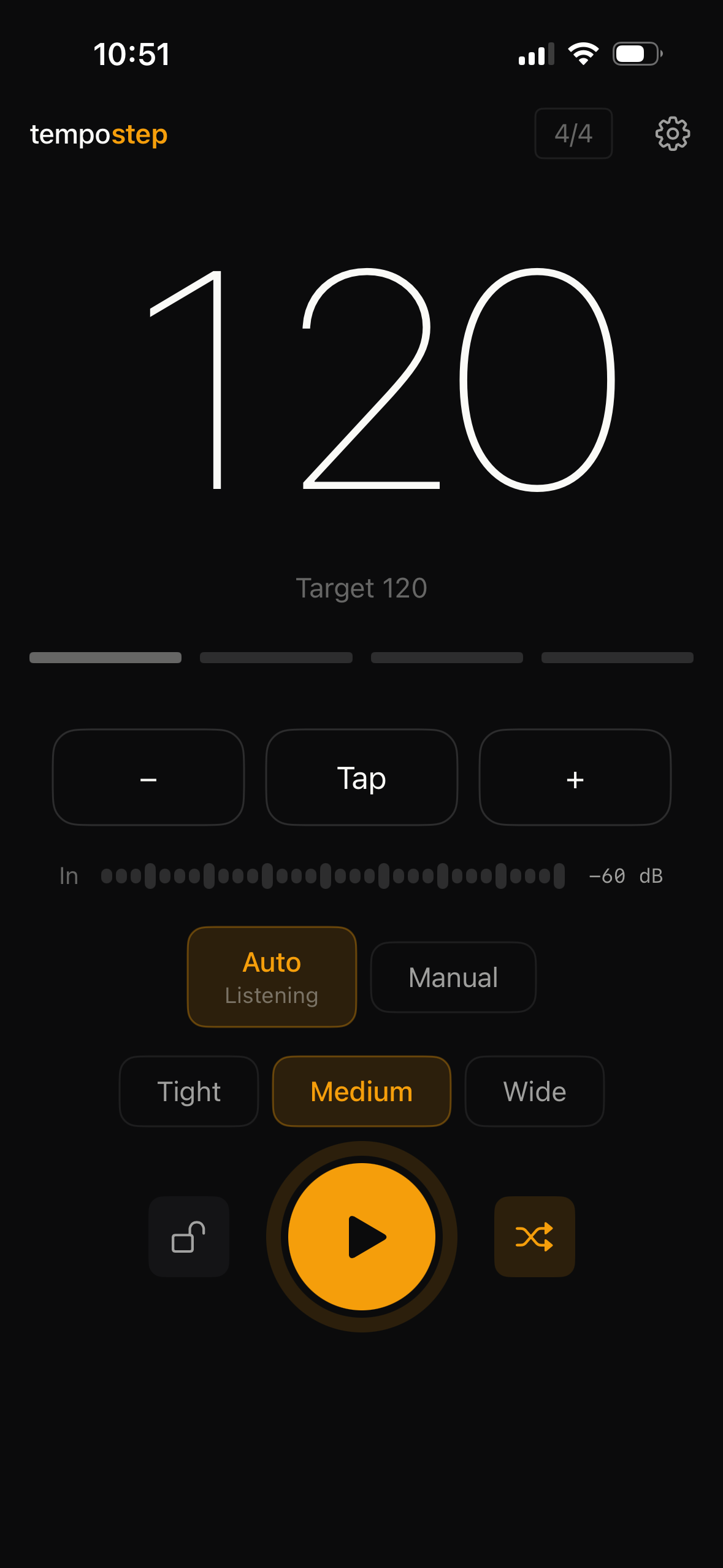Shuffle mode: shuffle icon, Target 120, Medium selected